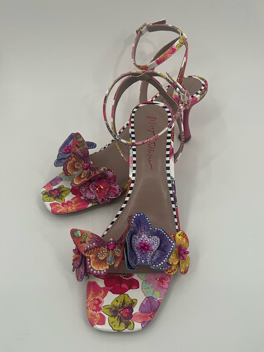 Betsey Johnson Bensen Pink Floral Butterfly Ankle-Strap Heels
